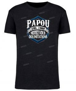 T-shirt humoristique noir pour père "Papou – Méfiez-vous des imitations" en coton de qualité